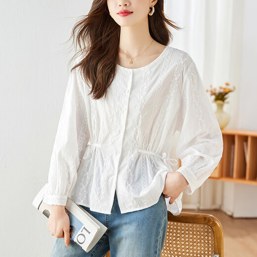 French soft cotton round neck embroidered shirt women's long sleeve autumn new design niche strappy top shirt white M