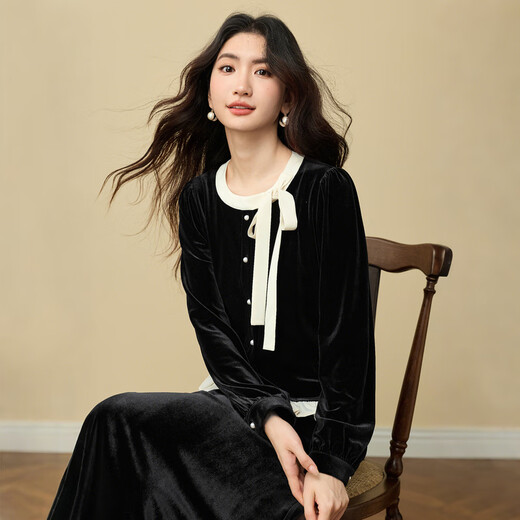 Xishijie (sllsky) Korean Style Thousand Gold Bow Velvet Shirt Women's Autumn and Winter Contrast Color Round Neck Wood Ear Trimmed Chic Shirt Modern Black L
