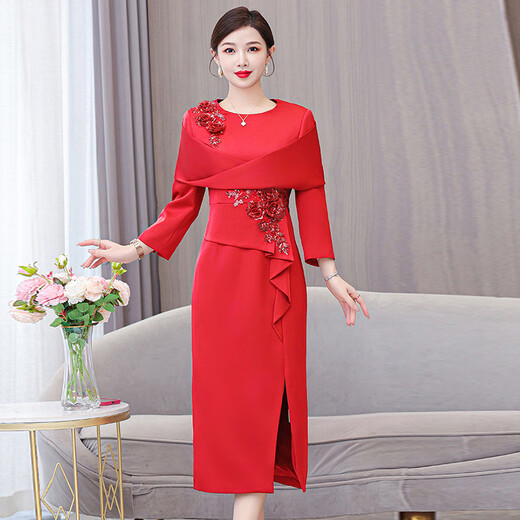 Wen Mi's engaged mother's autumn and winter wedding dress for her mother-in-law, red skirt, sexy young wedding dress, rose red 2XL