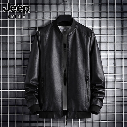 JEEP SPIRIT Jeep Leather Jacket Men's 2025 Spring and Autumn Motorcycle Men's Baseball Uniform Leather Jacket Jacket Spring and Autumn Men 2102 Black XL Recommended 120-140Jin Jin is equal to 0.5 kg