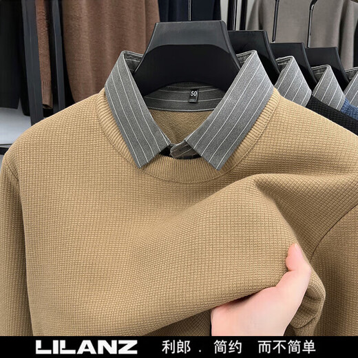 丨Lilang丨Fake two-piece set of wool sweaters autumn and winter thick velvet bottoming sweater business casual shirt collar sweater for men 7335 (black style) velvet L one size fits all 50 (recommended 120-140 Jin Jin equals 0.5 kg)