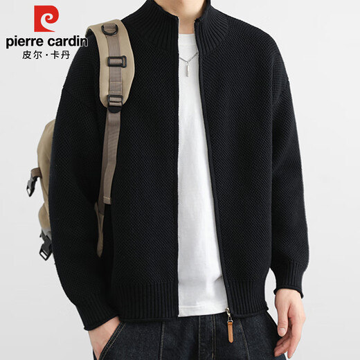 Pierre Cardin sweater men's autumn and winter trendy high-end cardigan jacket men's casual stand-up collar sweater men's black XL