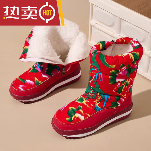 Kangnai Northeast large cotton shoes winter new warm outdoor ski plus velvet thickened large flower internet celebrity travel snow boots drawstring large flower red internet celebrity 35