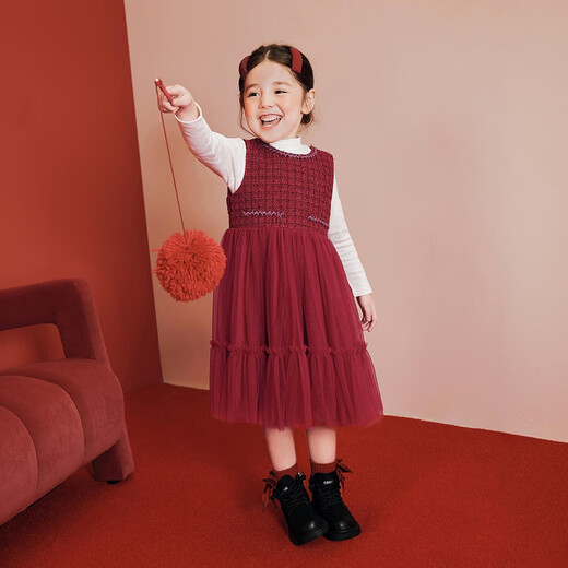 Minibala (minibala) girls skirt children's small fragrant dress splicing mesh skirt wool 2026 spring new arrival