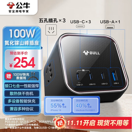 BULL gallium nitride 100W fast charging laptop socket/desktop charging station socket/plug board/socket strip 3C certification suitable for iphone17 master control switch 3C1A+3 jacks