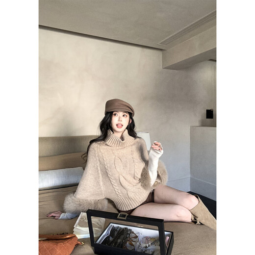 Fan Hao cuffs imitation fox fur turtleneck wool blended twist sweater bottoming a-line shorts for women khaki sweater S