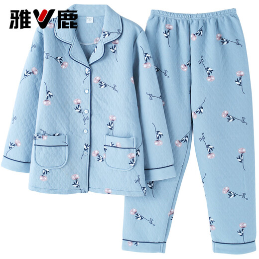 Yalu high-end mother long-sleeved pure cotton pajamas set for autumn middle-aged and elderly women in winter plus fat plus large size thin cotton interlayer 12122 M [80-100Jin [Jin equals 0.5 kg]]