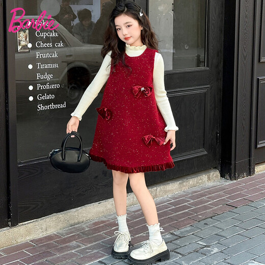 Barbie Girls Red Dress Autumn and Winter Girls Skirt Velvet Tank Top New Year Clothes New Year Clothes Girls BY007