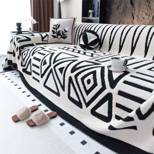 Warm velvet cloud-like universal full-cover sofa cover, four-season anti-slip, anti-cat scratch, high-end jacquard plush cover, style - black and white, 340cm*180cm, suitable for four people