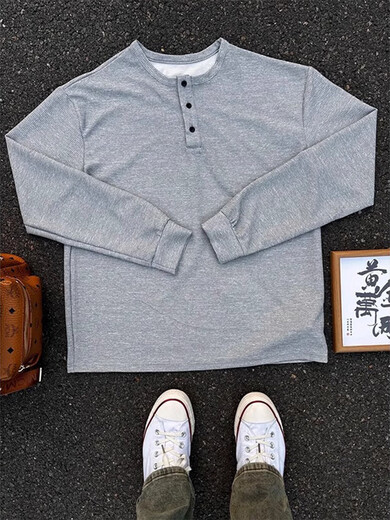 Light gray henley collar long-sleeved t-shirt for men in autumn and spring trendy brand inner cotton bottoming shirt American heavyweight polo sweatshirt gray upgraded model M