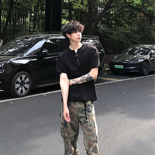 Black waffle Henry collar short-sleeved men's handsome T-shirt American polo shirt cleanfit bottoming shirt floral gray upgraded model XL XL recommended 135-150Jin Jin equals 0.5 kg