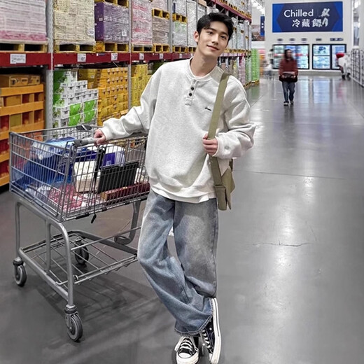 Henry collar sweatshirt men's spring and autumn hoodless American cleanfit bottoming shirt loose trendy brand long-sleeved T-shirt with spring white gray L