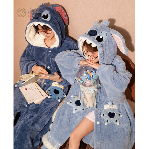 Gongdie thermal storage type Disney Stitch winter coral velvet couple nightgown for women cartoon home clothes for men