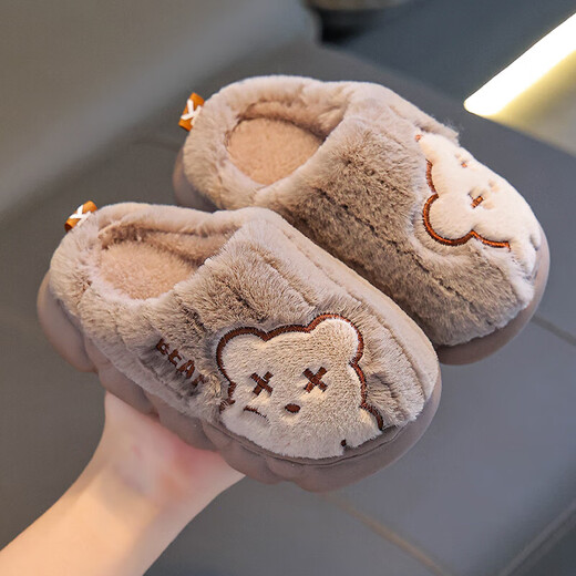 Children's cotton slippers for boys winter cartoon cute non-slip indoor home soft bottom parent-child baby slippers upgraded version of environmentally friendly material khaki slippers 12 24/25 size (shoe length 15CM suitable for feet 14