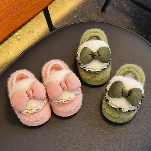 Winter children's cotton slippers for girls princess non-slip EVA warm plus fluffy bow cotton slippers for small and medium-sized children red (heel included) 12 34/35 size (inner length 20CM without back elastic band
