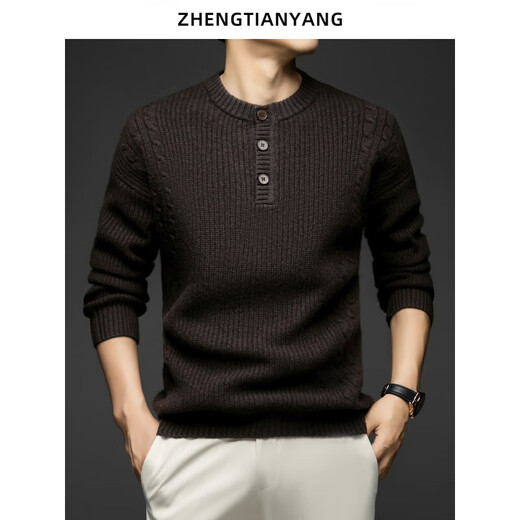 Deer King Pure Wool Sweater Men's Retro Thickened Henley Collar Loose Twist Sweater Warm in Winter Dark Brown S 165