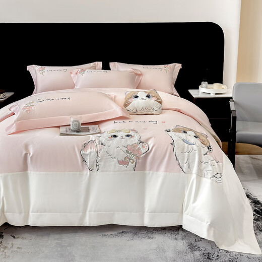 Mercury Series Class A Long Staple Cotton Four-piece Set 2025 New Cotton Cartoon Cat Embroidered Quilt Cover Pure Cotton Sheet Cute Bedding 4 Hot-Selling Type A Maternal and Infant Grade Long Staple Cotton Sweet Diary-Iceberry Pink 1.8m Sheet Style Four-piece Set Quilt Cover 200*230