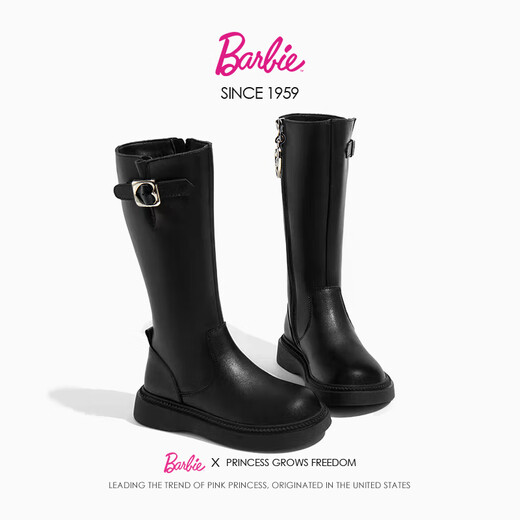 Barbie children's shoes girls boots spring and autumn high leather boots girls cotton boots children's boots DA6982 black 35