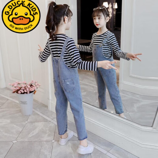 G.DUCKKIDS spring and autumn girls' denim buckle overalls 2025 new style medium and large children's loose children's suspender trousers light blue children's suspender trousers 140 cm