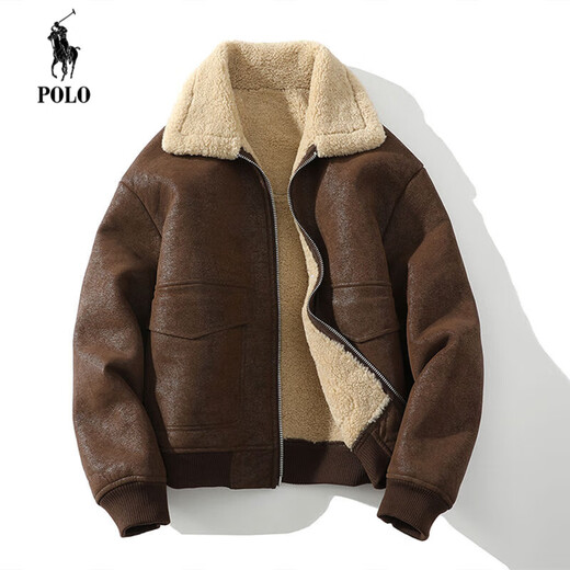 Paul fur all-in-one jacket men's jacket lamb wool jacket plus velvet thickened suede leather jacket motorcycle flying style retro coffee M