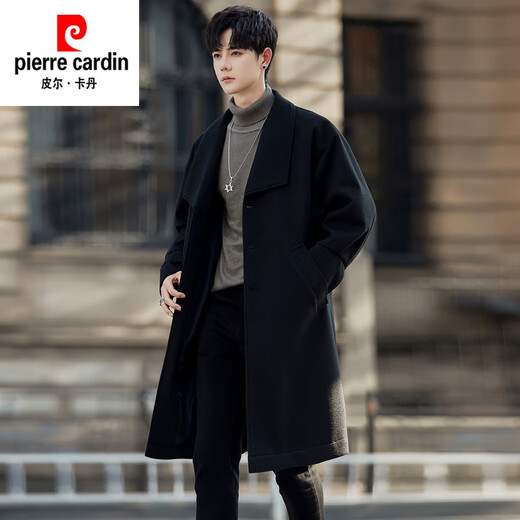 皮尔卡丹（pierre cardin）男士毛呢大衣秋冬高级感痞帅中长款过膝风衣潮牌廓形正肩呢子外套 黑色 M