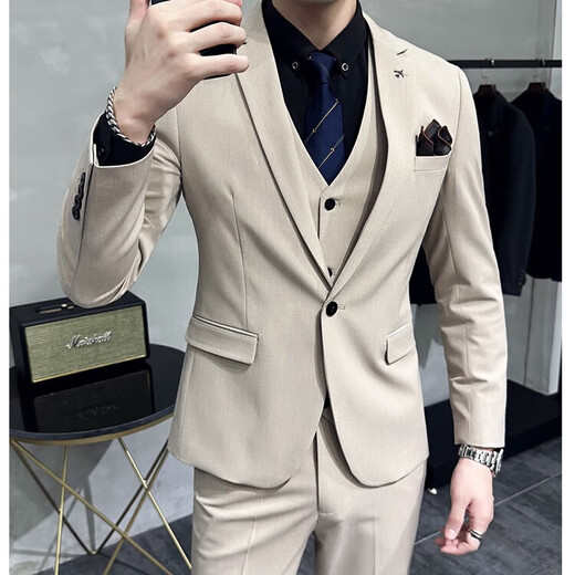 Jason's Groom's Suit Suit Men's Large Size Business Professional Formal Wedding Dress Suit Three-piece Men's Korean Style Slim Khaki (Suit + Vest + Pants) XL
