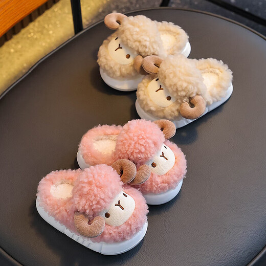 Winter children's cotton slippers for boys and girls, warm and plush, small and medium-sized children, infants and young children, home baby lamb cotton slippers, light coffee slippers, 12, 26/27 size (shoe length 16CM, suitable for feet 15