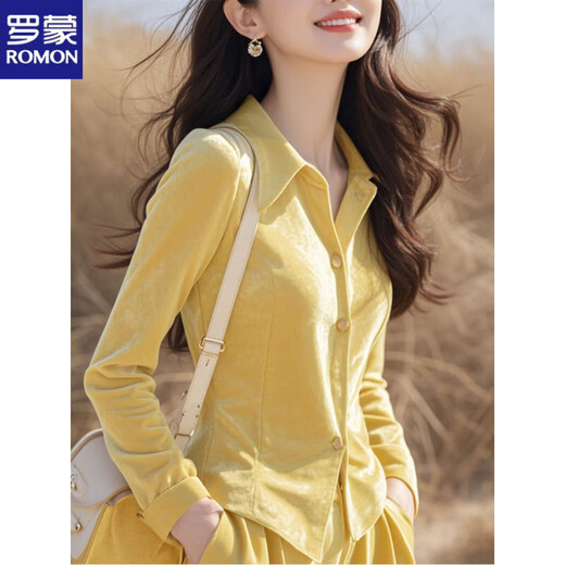 ROMON's new winter style French unique and beautiful top, fashionable, luxurious, high-end, super nice yellow velvet shirt, yellow plus/velvet plus/thick M 100-110Jin Jin equals 0.5 kg
