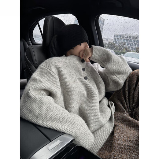 Denvanwei Henry collar light gray sweater men's autumn and winter lazy sweater American retro relaxed jacket light gray M (recommended 90-100Jin Jin equals 0.5 kg)