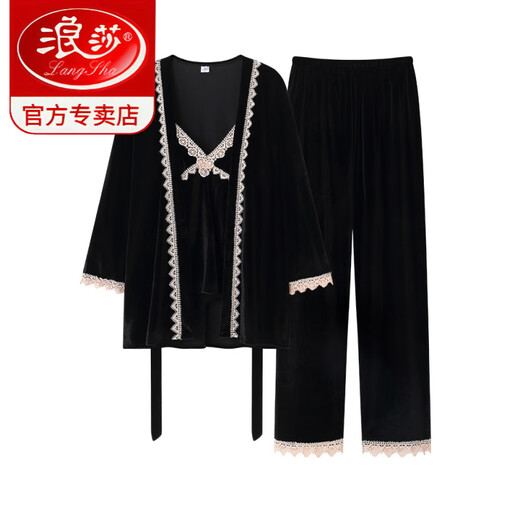 LangSha autumn and winter new gold velvet couple pajamas, feminine three-piece set, men's long-sleeved Korean style home clothes MD3701 black couple M, women get men's XL