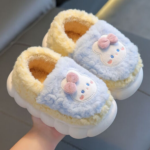 Kenhu winter children's cotton slippers for boys and girls parent-child bag with heel to keep warm and velvet thick-soled cartoon home baby furry cotton slippers Watermelon Red Rabbit (heel bag) 24 25 size (inner length 15CM suitable for 1-2 years old)