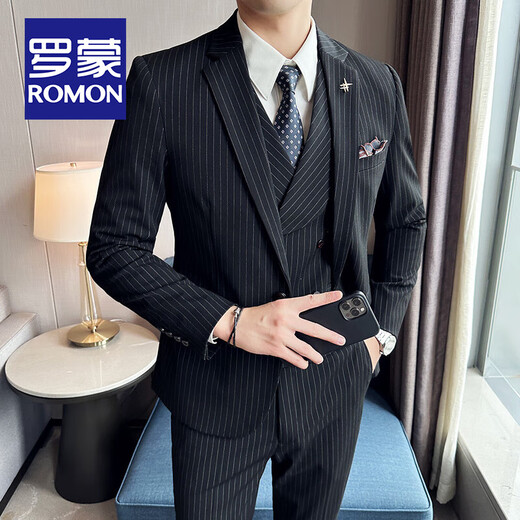 ROMON Light Luxury High-end Striped Suit Men's Business Casual Professional Formal Wear Groom Wedding Banquet Suit Dress Gray Suit + Suit + Vest XL Size (Free Brooch + Pocket Square)
