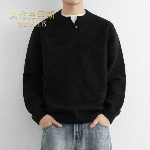 VILVKELIS British Chris Henry collar sweater men's heavyweight thickened bottoming shirt autumn and winter new loose collar sweater black M _95-115Jin Jin equals 0.5 kg