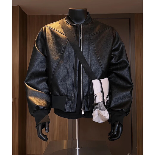 Jufeng American deconstructed short leather jacket men's high-end handsome motorcycle baseball uniform trendy brand workwear bomber jacket black quality upgrade XL 130-150Jin Jin equals 0.5 kg can be worn