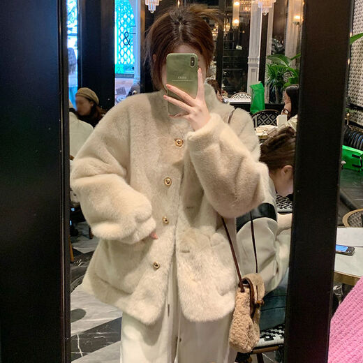 Cool Nello Fur Women's New Thickened Imitation Mink Fur One-piece Fur Jacket Women's Winter Short Stand Collar Eco-friendly Leather Cream White M