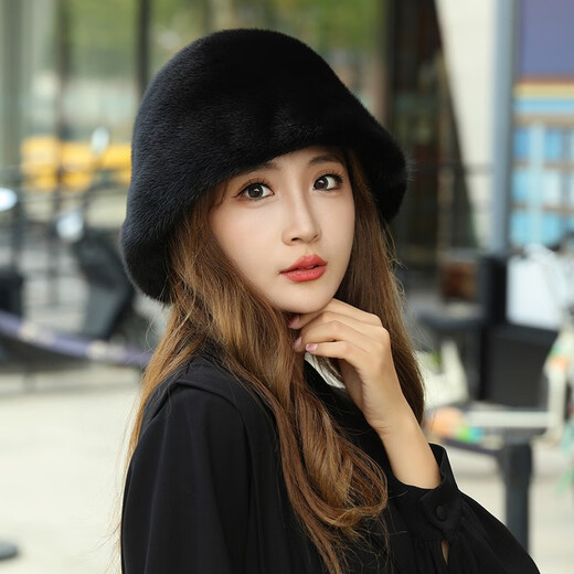 Princess Mink Fur Hat Women 2025 New Winter Fisherman Hat Mink Fur Fashion Middle-aged and Elderly Mink Fur Mink Fur Mink Fur Black S(54-56cm)