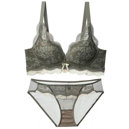 LA BRUKET Adjustable Underwear Women's Sexy Lace Wire-Free Small Breast Gathering Bra Set High-End High-end Green 70A 32