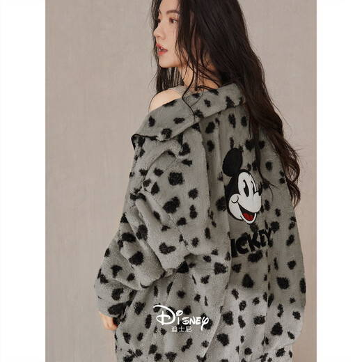 Beiyan couple pajamas for men and women in autumn and winter Mickey thickened warm coral velvet leopard print home clothes flannel suit can be worn outside F60716 Women's M