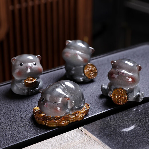 OIMG tea pets change color and can be raised as ornaments, tea tables, high-end accessories, tea sets, high-end creative cat tea tray decoration, boiling water to attract wealth, gray and white cute cat, ingot, free single exquisite gift box