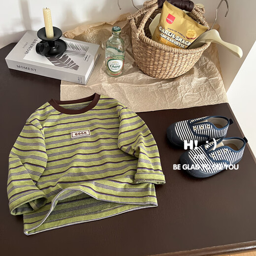 Hao Shu children's products in stock Autumn new 2025 fashionable boys versatile Western style striped long-sleeved T-shirt Green 120 60