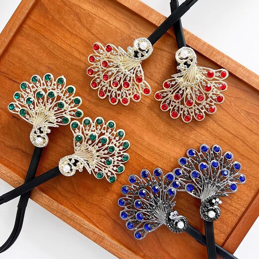 Ball head peacock open screen hair iron 2025 new high-end back of the head twisting clip feather hairpin headdress for women green + blue 2-piece set