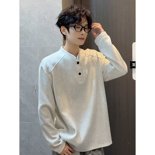 Katuchi plus velvet right shoulder Henry collar POLO shirt deconstructed splicing sweatshirt men's winter trendy brand bomber jacket high street top white gray plus velvet style XL