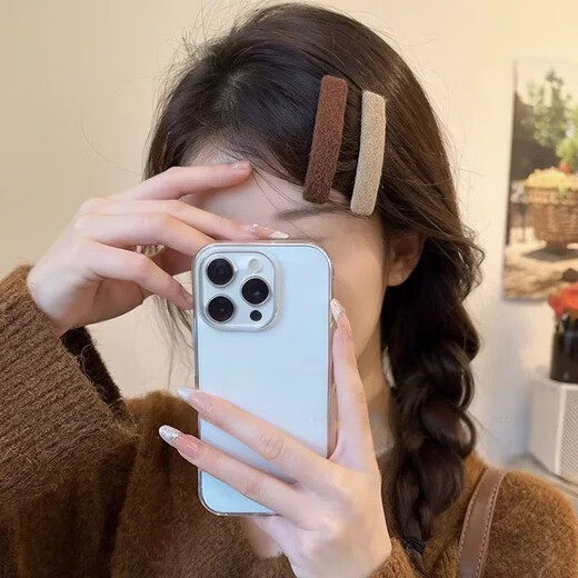 Li Qing solid color fabric rectangular hairpin, coffee color 2 pieces, bangs clip, side clip, BB clip, one-word clip hairpin hair accessories