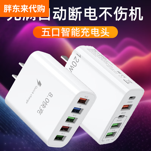 Fat Donglai German quality 120W mobile phone charger usb multi-jack fast charging head automatic power-off charging head five-port series 120W丨3USB port+2C port丨