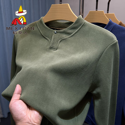 Scarecrow Austrian velvet Henry shirt collar sweatshirt for men, warm autumn and winter velvet thickened bottoming shirt for men, polar fleece inner top, gray XL 175