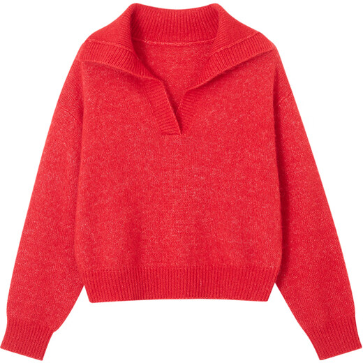 L.WEST Red Sweater Women's 2025 Winter New Atmosphere Temperament Lapel Loose Slim Pullover Top Red M 100-110Jin Jin is equal to 0.5 kg