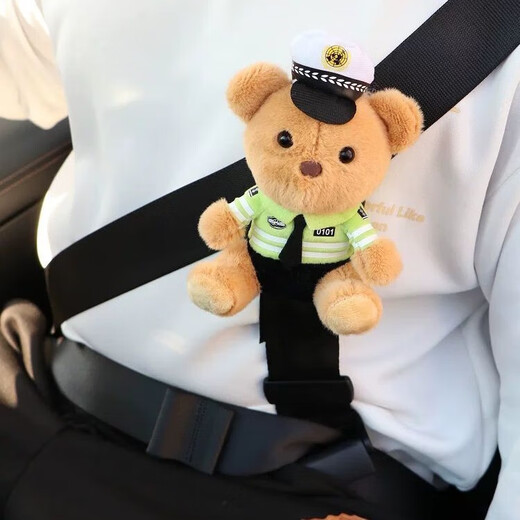 Car child safety belt traffic police bear protective cover fixed adjuster anti-strangle cartoon baby shoulder pad set blue bear child safety belt holder