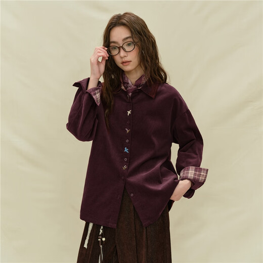 Giordano designer women's pure cotton corduroy embroidered plaid loose long-sleeved shirt 18345227 04 prune purple M
