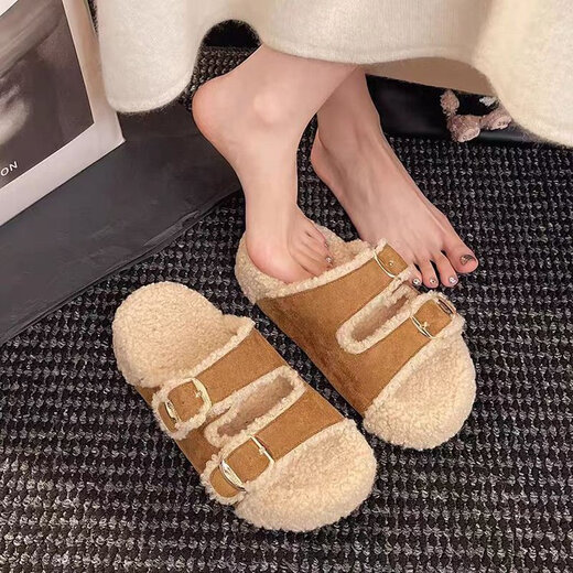 Thick-soled platform Birkenstock furry slippers for women, 2025 autumn and winter new fashion, one-word belt buckle, plush cotton slippers, camel 35