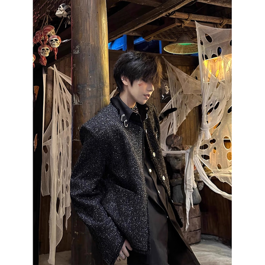 Chihuan Light Luxury Shoulder Pads Small Fragrance Style Suit Jacket Men's High-end and Handsome Cleanfit Male Model Wear Two-piece Suit Black Suit Two-piece XL